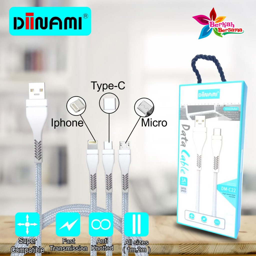 BM081 C22 DIINAMI Kabel data cable charger original ready Micro ip tipe c 1 2 3 meter 3Amper BB2612