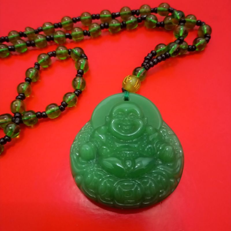 kalung liontin giok hijau maitreya Buddha Koin Rejeki