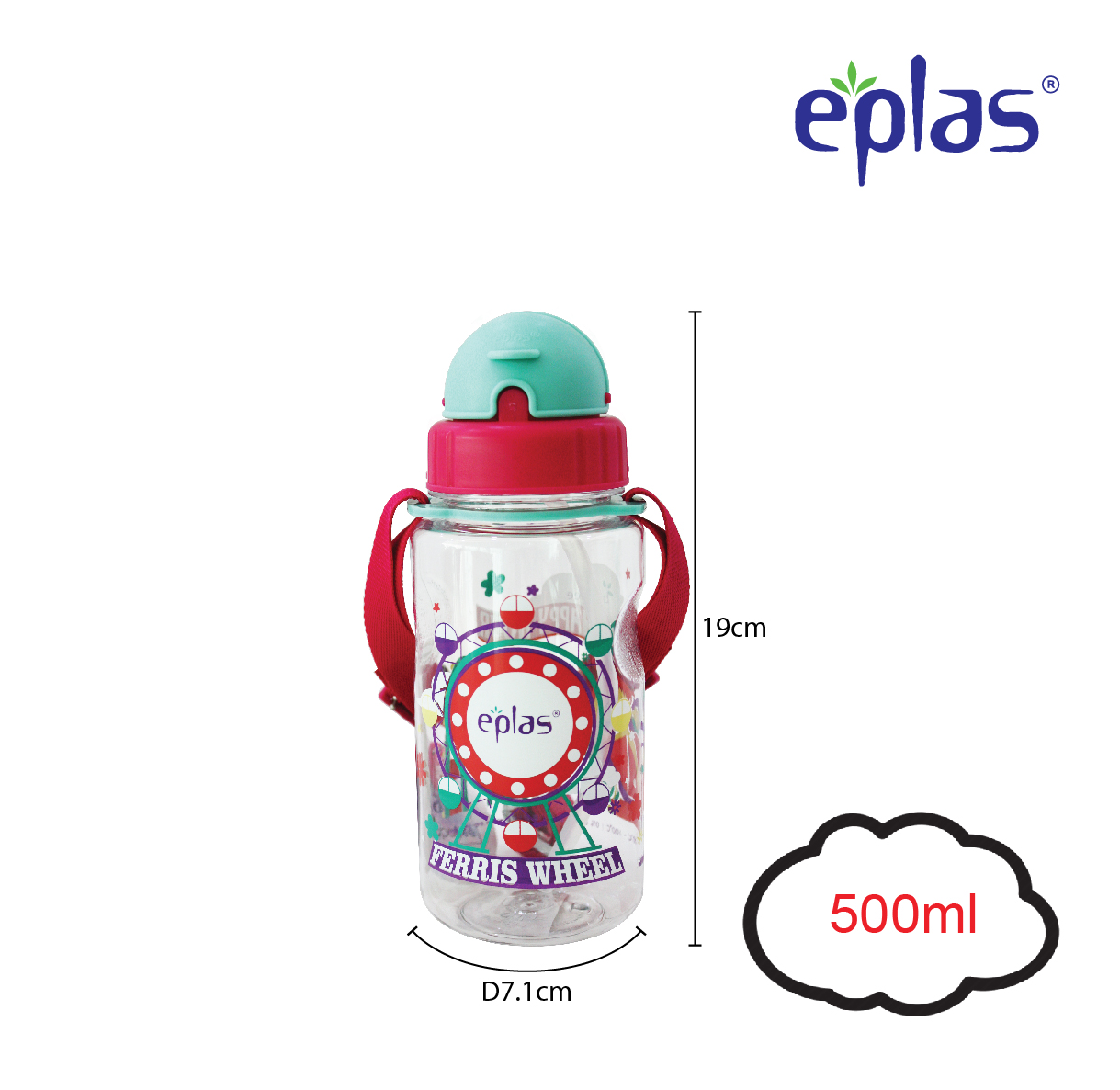 EPLAS Kids Water Bottle With Straw & Strip (500ml), Water Tumbler Botol Air BPA Free Tritan