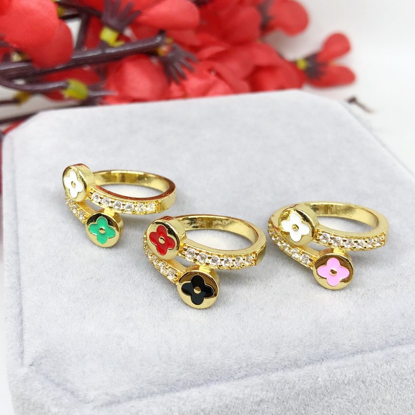 Cincin Lapis Emas Yaxiya Clover Lengkung Warna Hijau Pink Merah - BR432