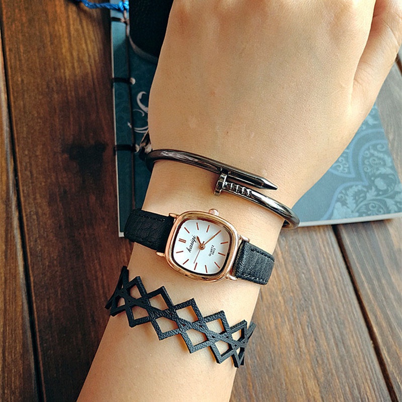 Jam Tangan Quartz Dial Kotak Kecil Casual Untuk Wanita New Ms Watch 【Jakarta Ready】-Square-Black White