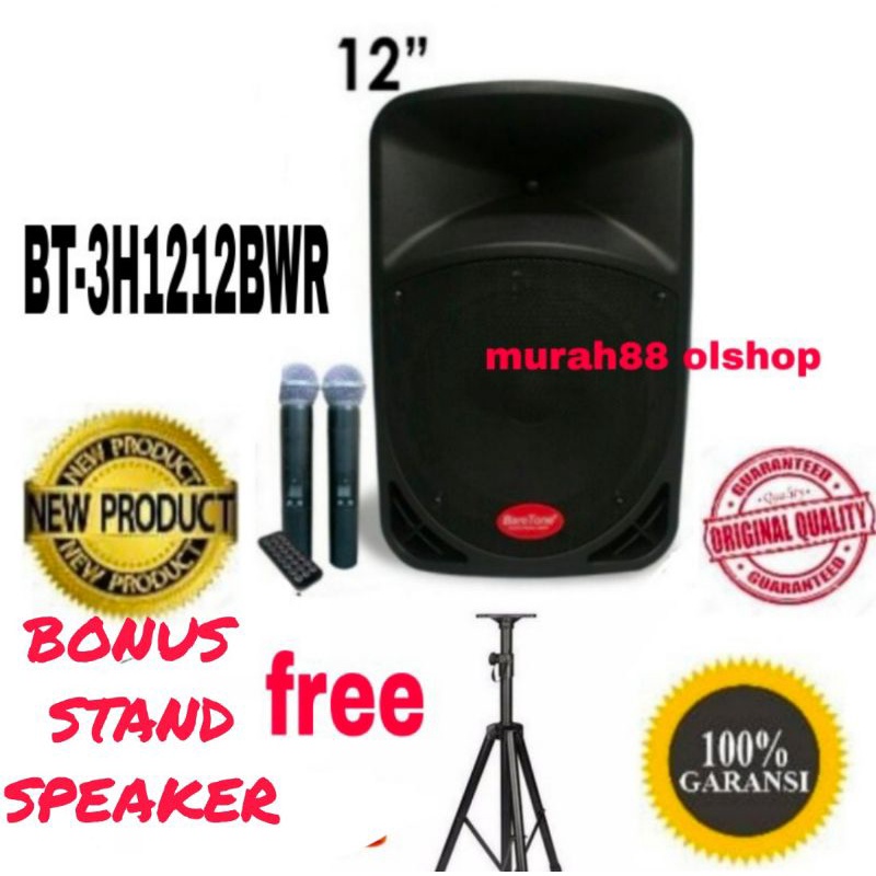 BareTone  BT-3H1212BWR 12 inch + Bluetooth/USB/SD Card/MP3 Playe+ 2 bh Microphone Handheld Wireless bonus 1stand speaker