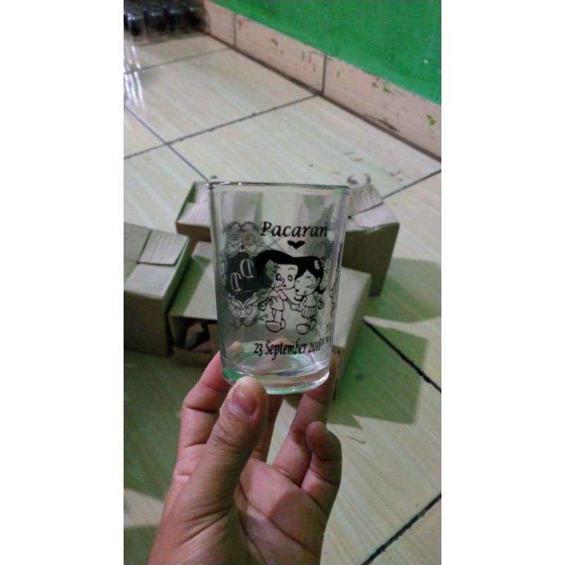 souvenir gelas jamu+sablon/souvenir 1 hari jadi/souvenir gelas jamu/souvenir gelas kecil