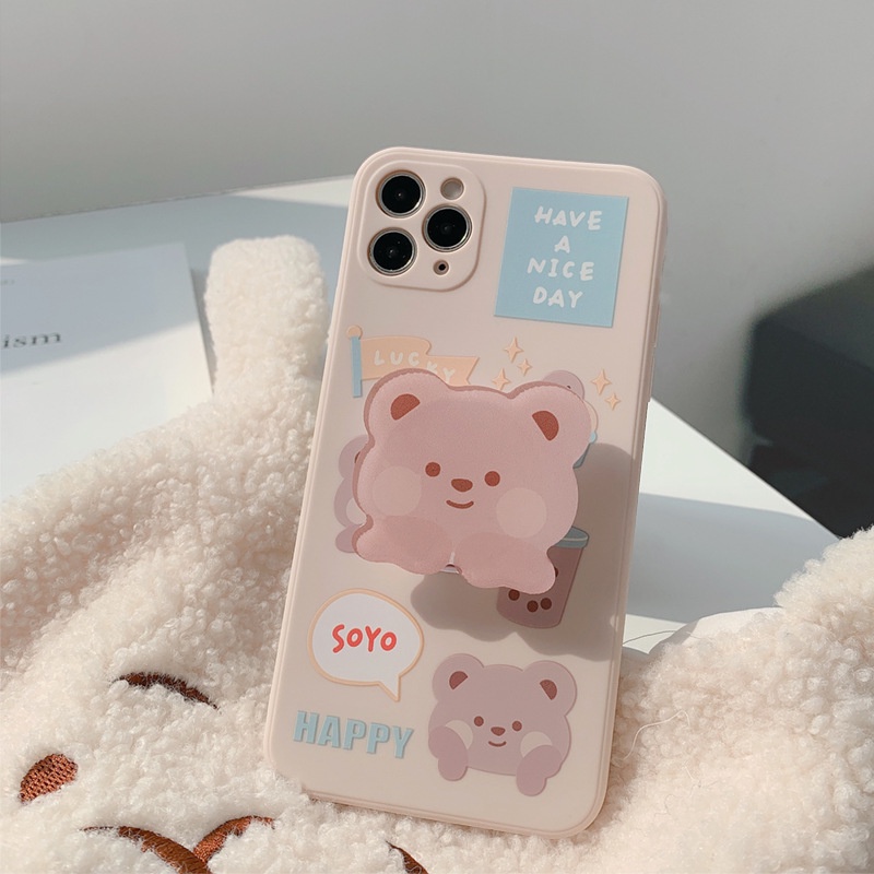 Soft Case Silikon Motif Kartun Beruang Dengan Popsocket Bracket Untuk Iphone 12 Mini 11 Pro Max X Xs Xr 8 7 Plus