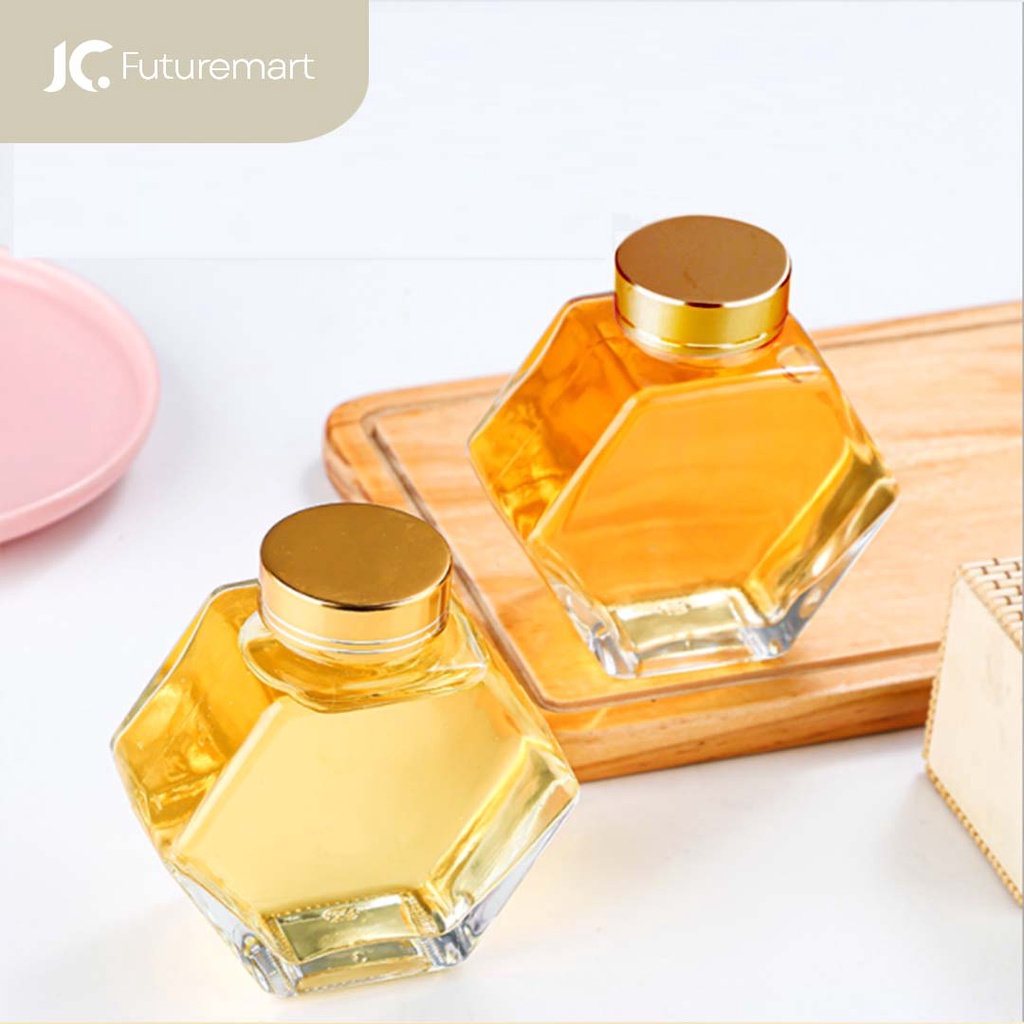 BOTOL KACA MADU HEXAGONAL KEMASAN MADU TUTUP GOLD LID HONEY GLASS JAR