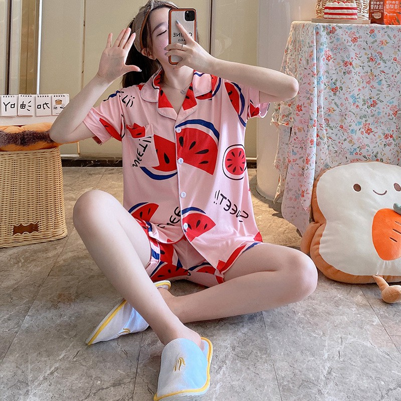 Set Baju Tidur Wanita Dewasa Celana Pendek Piyama Model Kemeja HP Import Korea Motif Kekinian