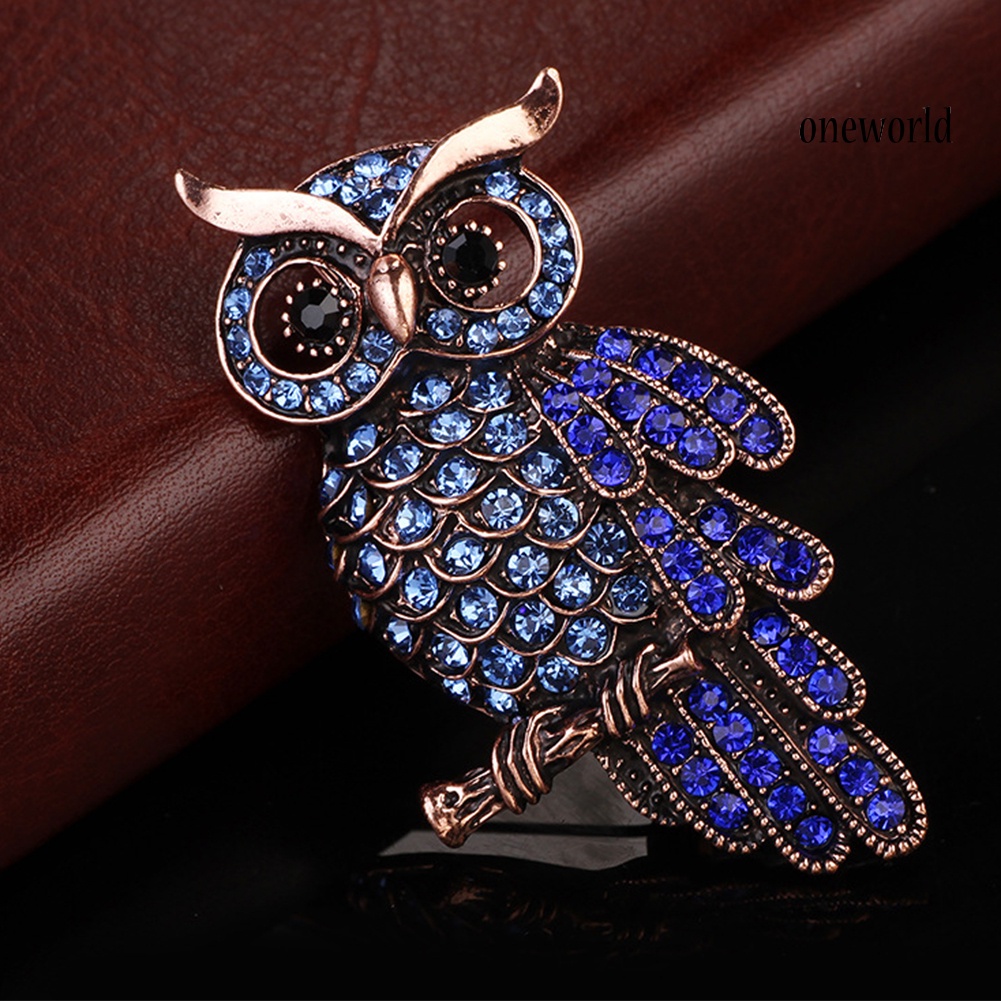 OW@ Unisex Retro Cartoon Owl Inlaid Rhinestone Hollow Brooch Pin Clothing Accessory