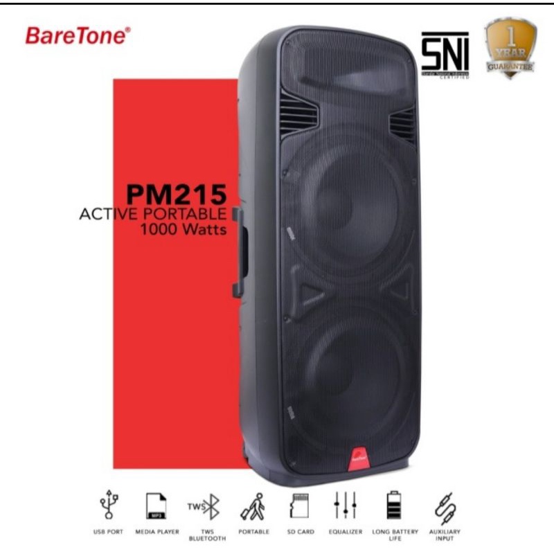 SPEAKER PORTABLE AKTIF WIRELESS MEETING BARETONE 15 INCH DOUBLE  PM215 BLUETOOTH ORIGINAL