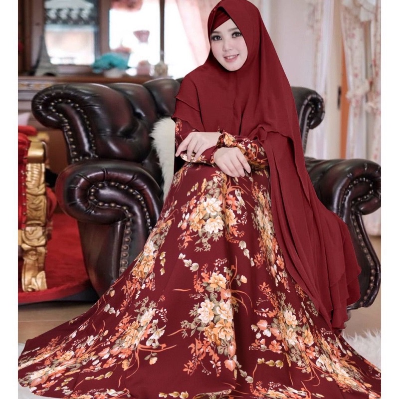 Gamis Monalisa Terbaru Bunga merah Marun Big size ld 120cm XxL Set Hijab Ceruti Double Layer Syari