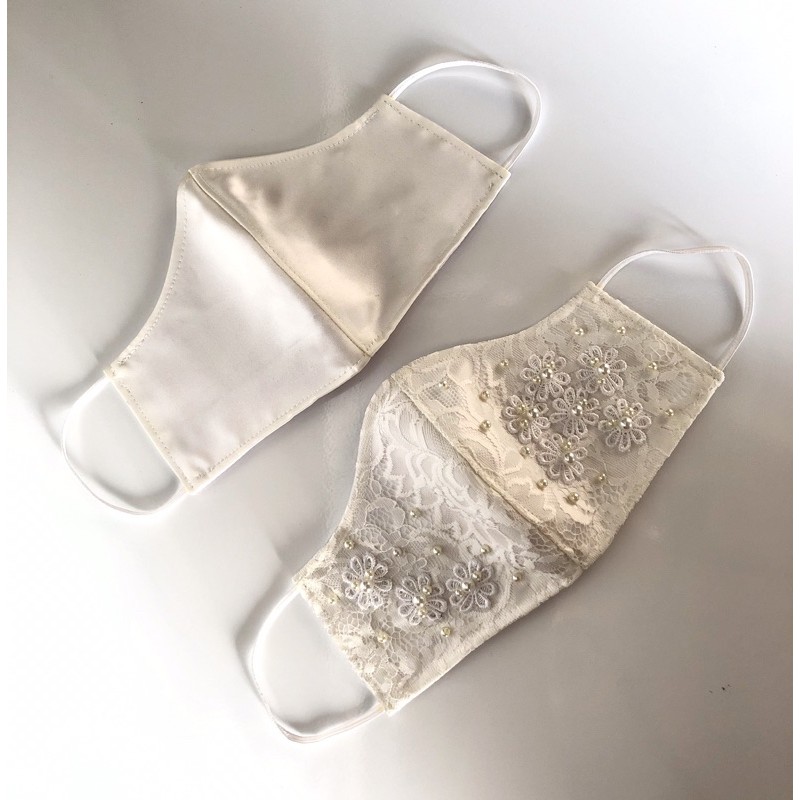 Masker Kain Masker Wedding brokat warna putih / Masker Couple / Masker Akad / Masker Pengantin