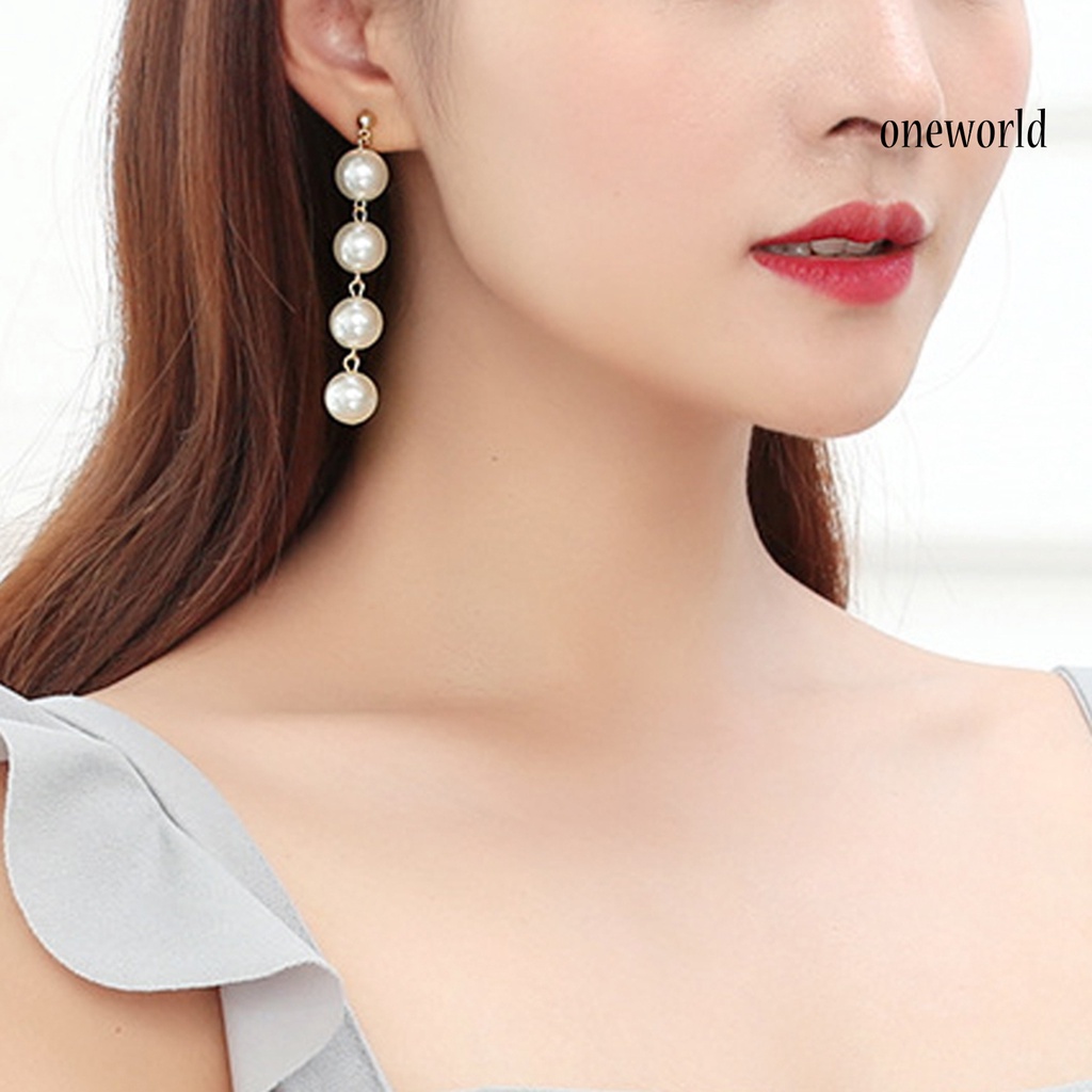 OW@ Earrings Faux Pearl Design Decorative Alloy Long Dangle Eardrop for Party