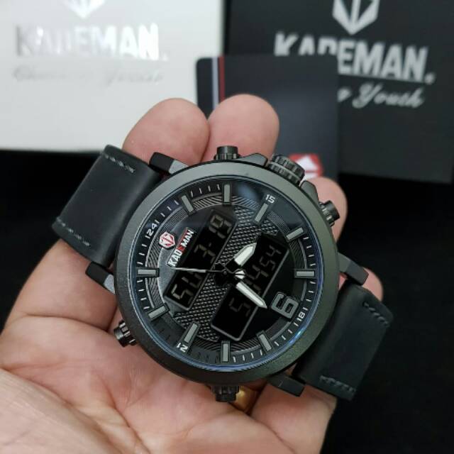 Jam Tangan Sport Dual time Double time Cowok Pria Kademan 004G Kulit Original