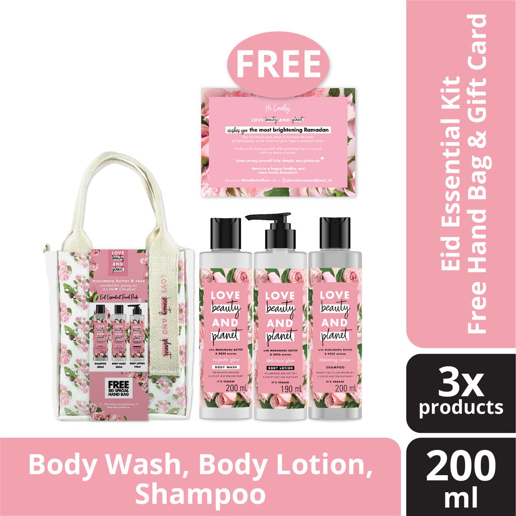 TOKO RIZKY - Love Beauty And Planet  Essential Travel Pack Murumuru Butter & Rose 3X200Ml (Free Hand