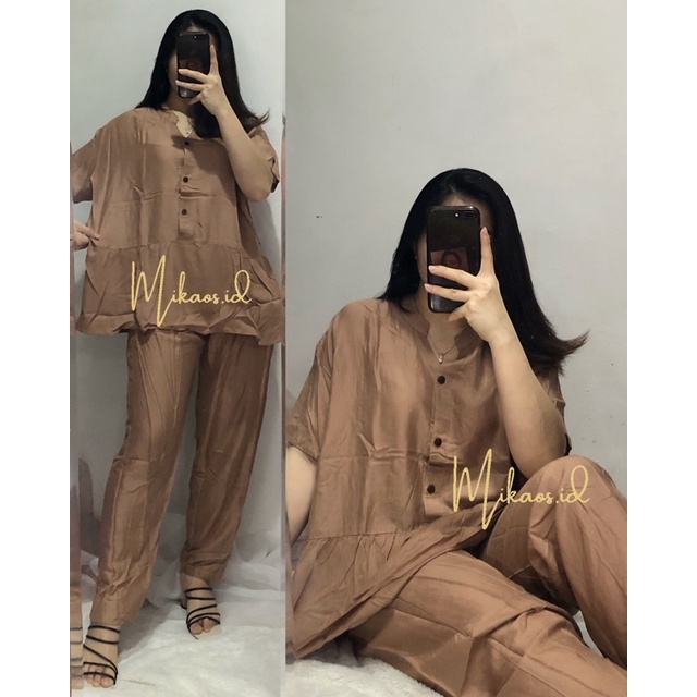 (COD) One set Piyama Abstrak Jumbo fit to Ld120cm | one set piyama rayon jumbo | one set pajamas Jumbo-Champagne LD120cm