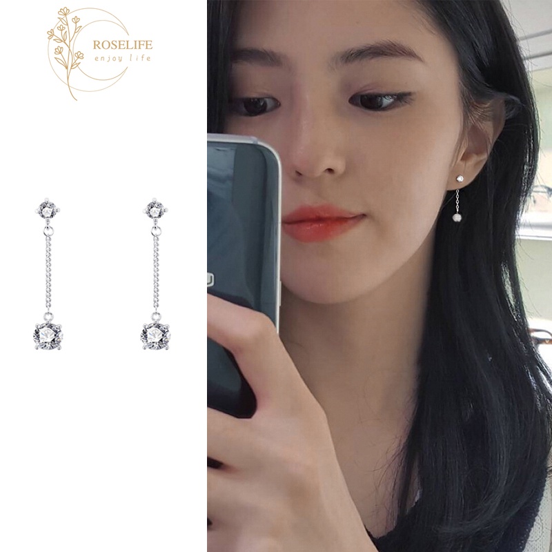 Roselife 1 Pasang Anting Tusuk Gantung Rantai Sterling Silver 925 Hias Kristal Gaya Korea Untuk Wanita