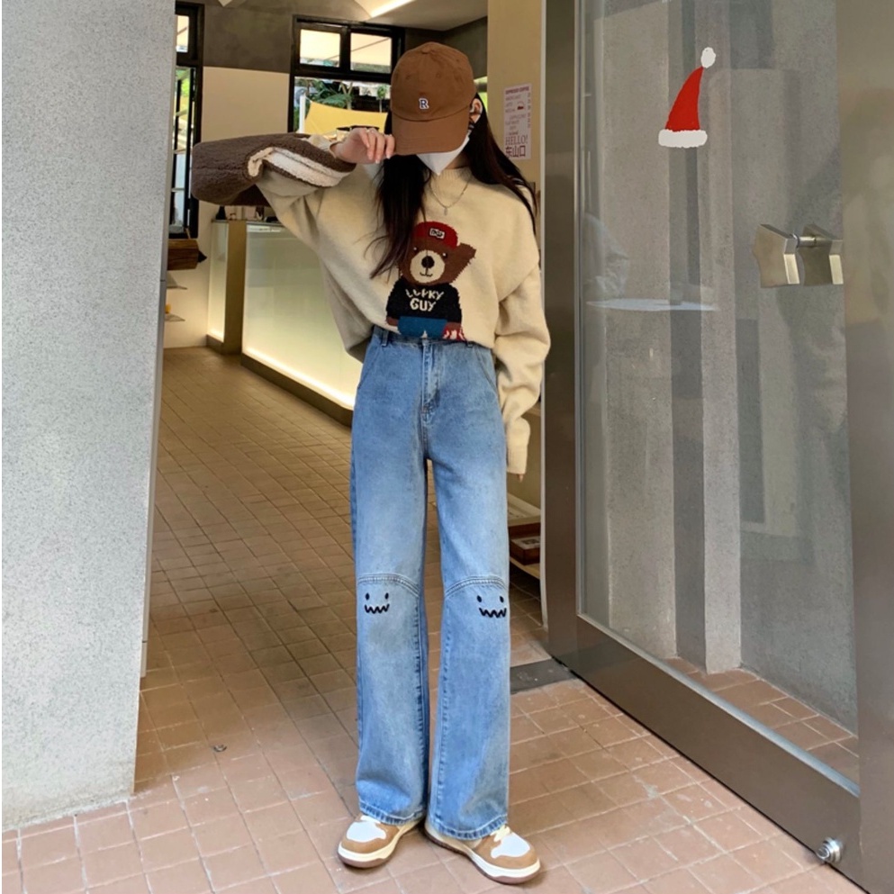 New Korean Diimpor Biru Celana Panjang Perempuan High-Waist Lurus-Kaki Bergaya Celana Jeans Wanita