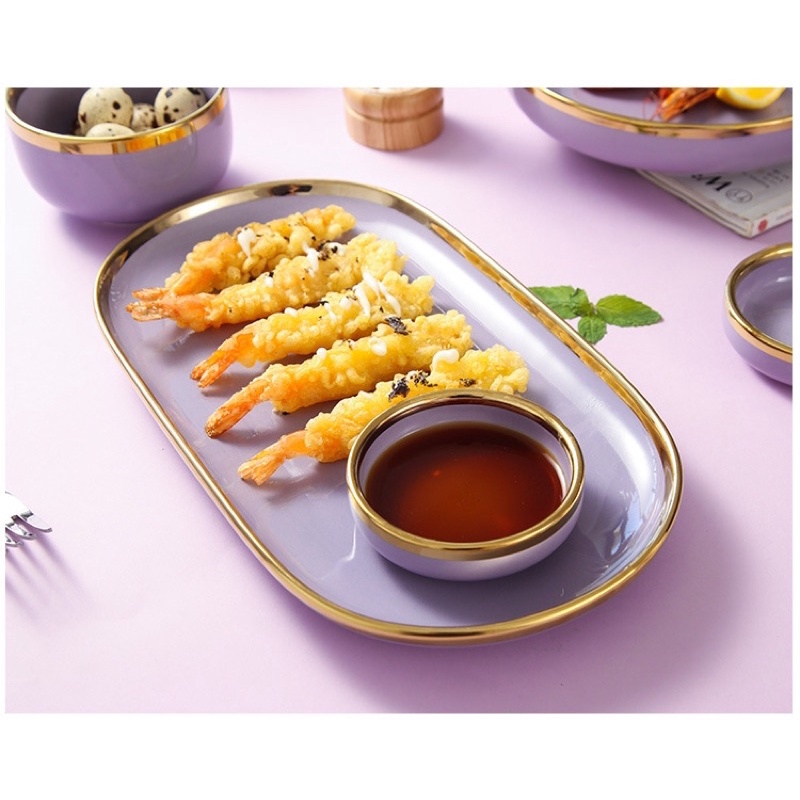 Piring set ungu Gold , putih gold, green gold , black gold, hijau muda gold dan pink gold dengan nampan oval Oriental Dining set 26pcs free box