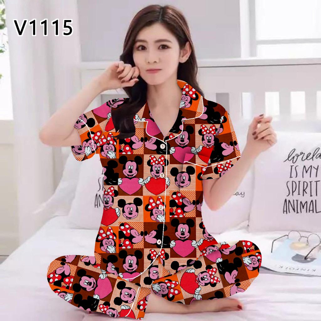 JNV Piyama CP Wanita Motif Karakter Kartun 04 - Baju Tidur Lengan Pendek - Bahan Katun-Mini Love Micky Oren