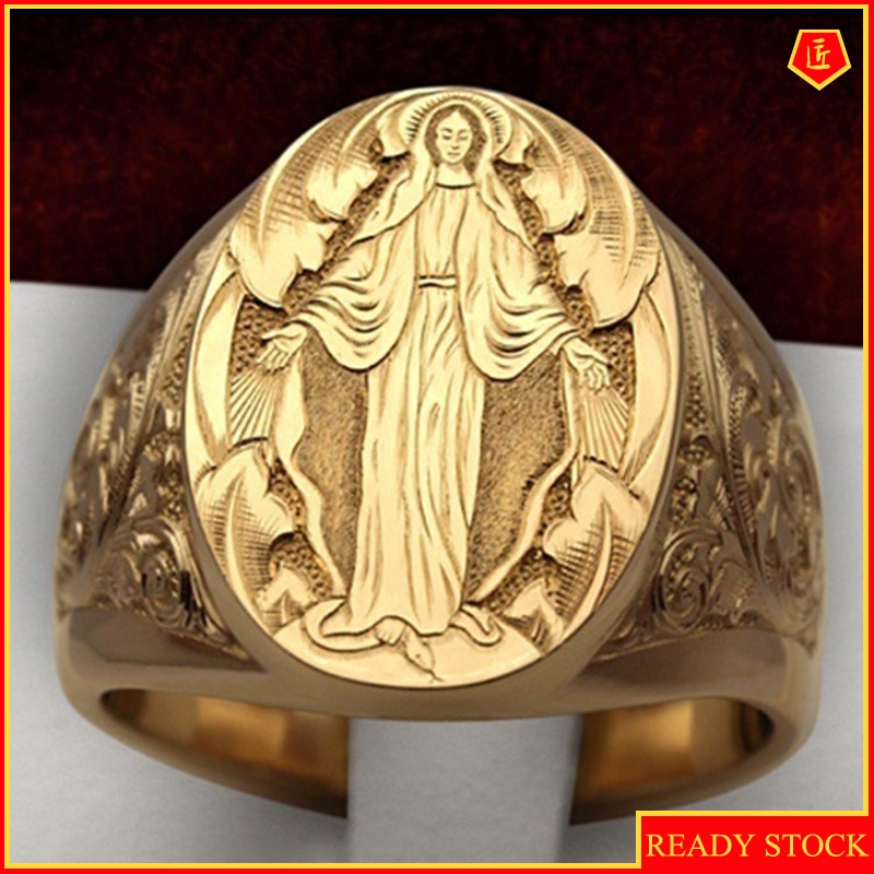 [Ready Stock]Elegant Neutral 18K Gold Virgin Mary Badge Ring