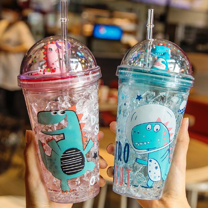 DISKON MURAH Tumbler Gel Glitter Botol Minum berkarakter dinosaurus besar cocok dibawa kemana mana ada Sedotan bisa cod