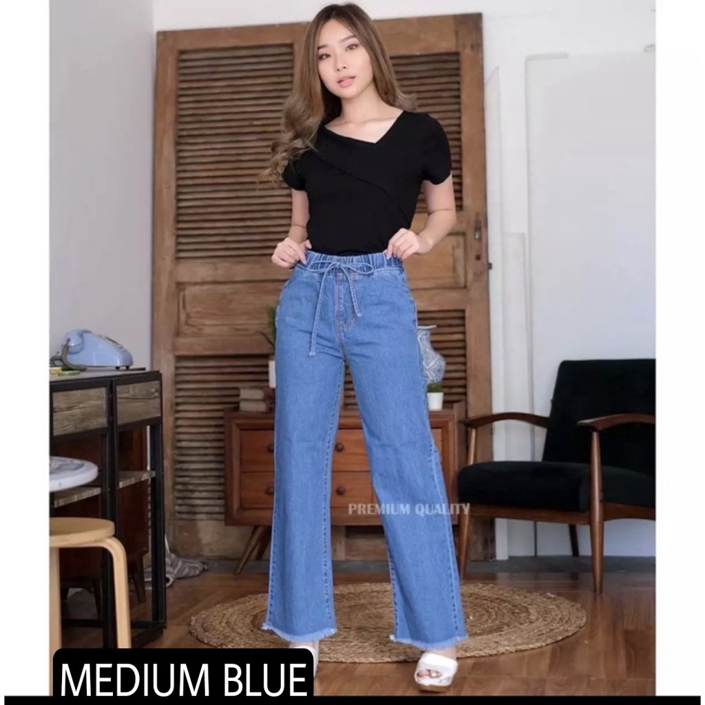 CELANA PANJANG JEANS HIGH WAIST KULOT JEANS PINGGANG KARET RAWIS