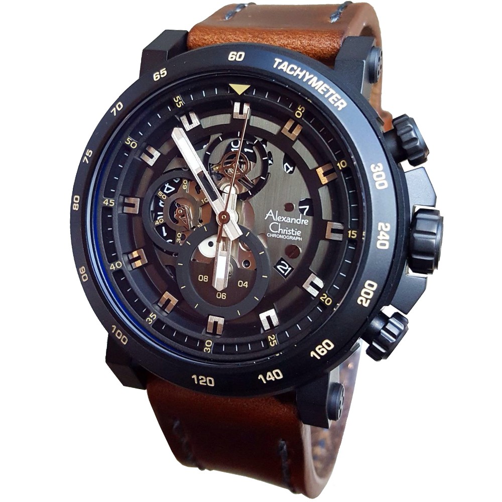 Alexandre Christie AC6429MC Jam Tangan Pria Strap Leather coklat tua hitam