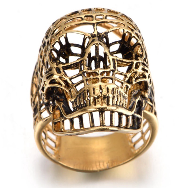 SEUSUK  Perhiasan Cincin Punk Vintage Desain Tengkorak Hollow Warna Gold untuk Pria
