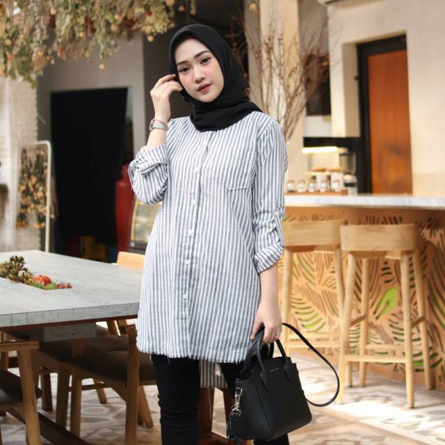 HnM Kemeja Salur Hitam Putih Wanita import Baju Kantor Formal Kerja Cewek Katun Salur kemeja stripe