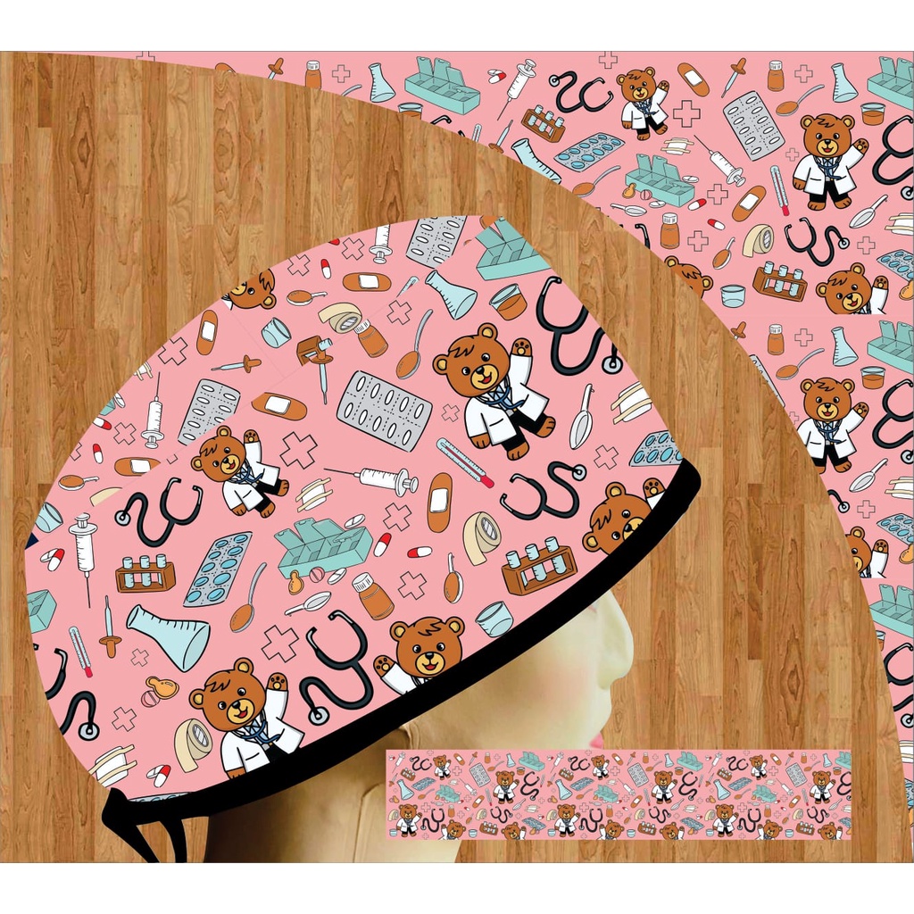 Head Cap /Topi Medis / Surgical Cap / Topi Dokter Custom Printing Motif Doctor Bear
