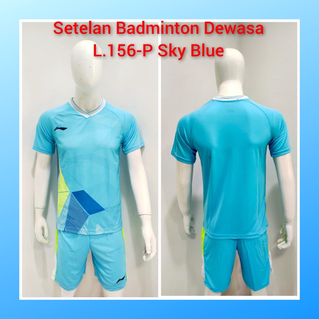 Kaos badminton pria jersey bulutangkis baju dan celana setelan wanita dewasa t-shirt outfit seragam jarsey kostum olahraga pakaian apparel sport jersy bulu tangkis casual jersi sudirman cup suit L156 sky blue polos