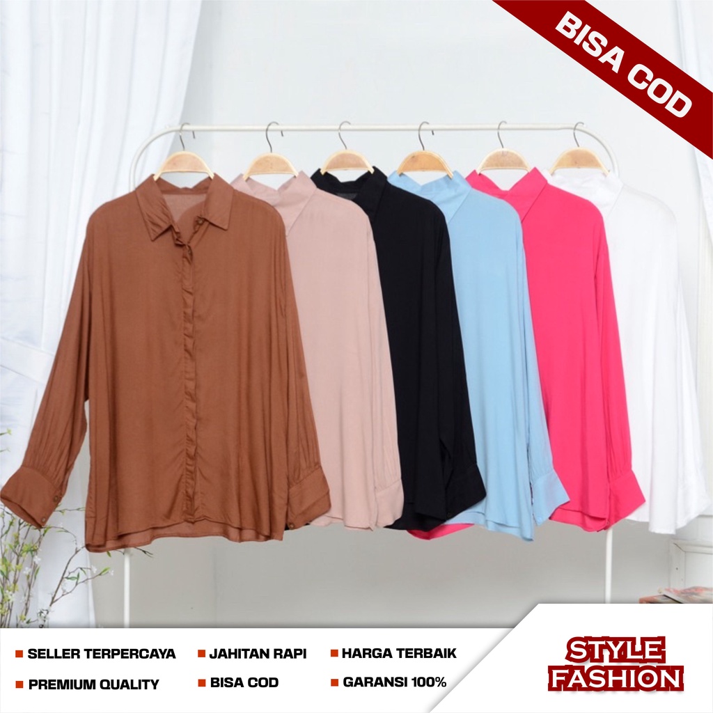 Atasan Baju Kemeja Wanita Perempuan Polos Kasual Lengan Panjang Bahan Syakila Twill Warna Hitam Maro