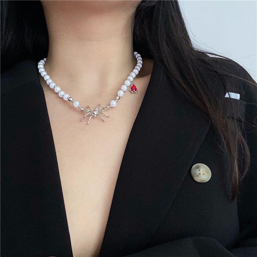 REBUY Rebuy Spider Kalung Indah Duri Sederhana Hadiah Perhiasan Berlian Imitasi Baja Titanium Mutiara Rantai Klavikula