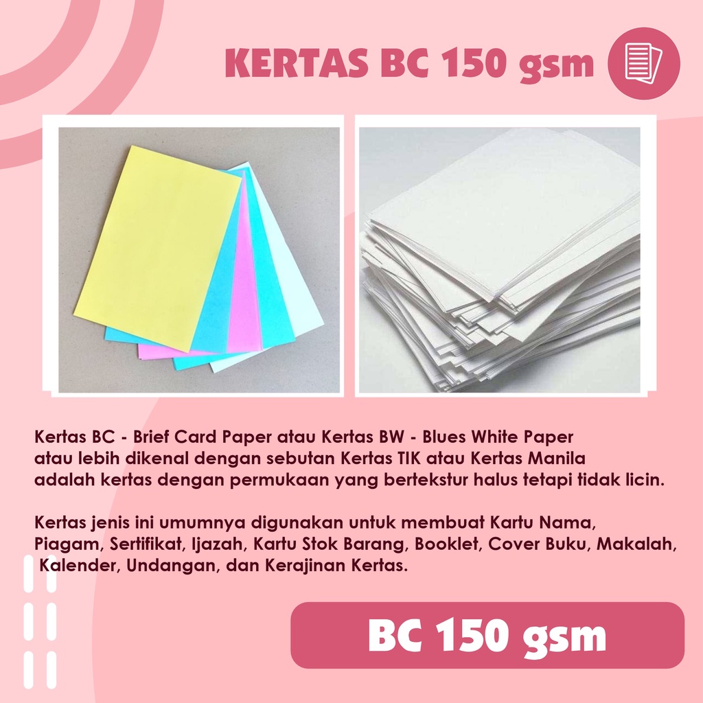 Kertas BC 150 gsm | Isi 100 | BC Putih dan BC Warna