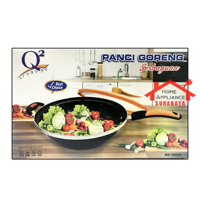 Panci Wajan Goreng Enamel Wok Pan Penggorengan Serbaguna Tutup Kaca Anti Lengket 32 CM Q2 3205