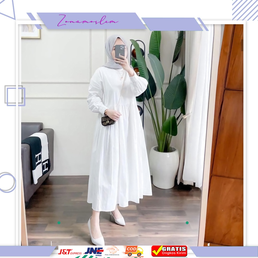 Midi Dress Polos Snowy Gamis Midi Premium matt Rayon Airflow Original Non Busui / Dress Midi Putih