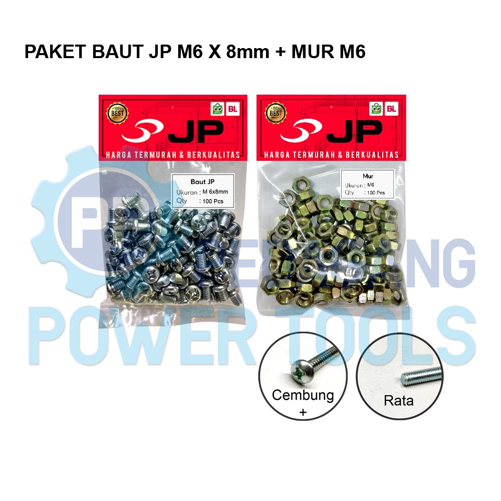 PAKET 2 SET BAUT MUR 6x8 BAUT JP M 6 x 8 MM MUR M6 SKRUP ISI 100 PCS