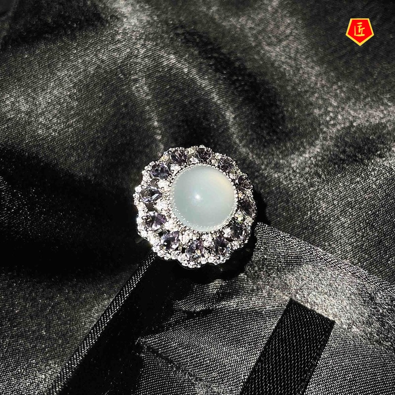 [Ready Stock]Natural White Chalcedony Necklace Ring Ear Stud Suit