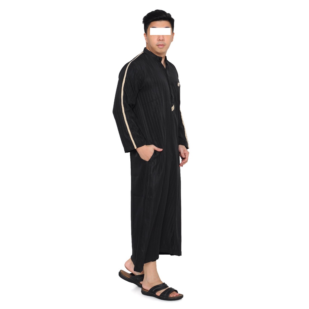 Baju Gamis Murah Pria Dewasa / Jubah Gamis Putih Hitam Panjang / AL HARAMAIN Bordir List Stripe