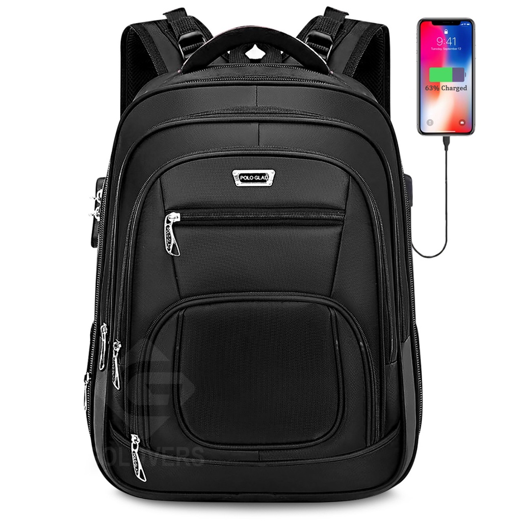 POLO GIVES Tas Ransel POLO Original Import 18 Inch + Free Raincover + Free USB Ransel Sekolah IMPORT-GLAD Kunci Hitam