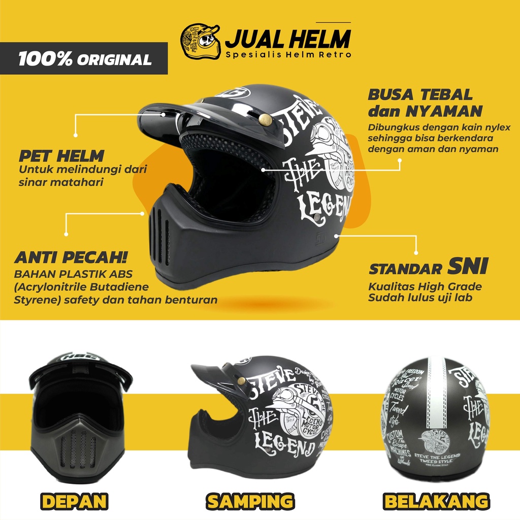 HELM CAKIL HBC BORN TO RIDE KUNING ( Fullface / Retro / Klasik / Vespa )