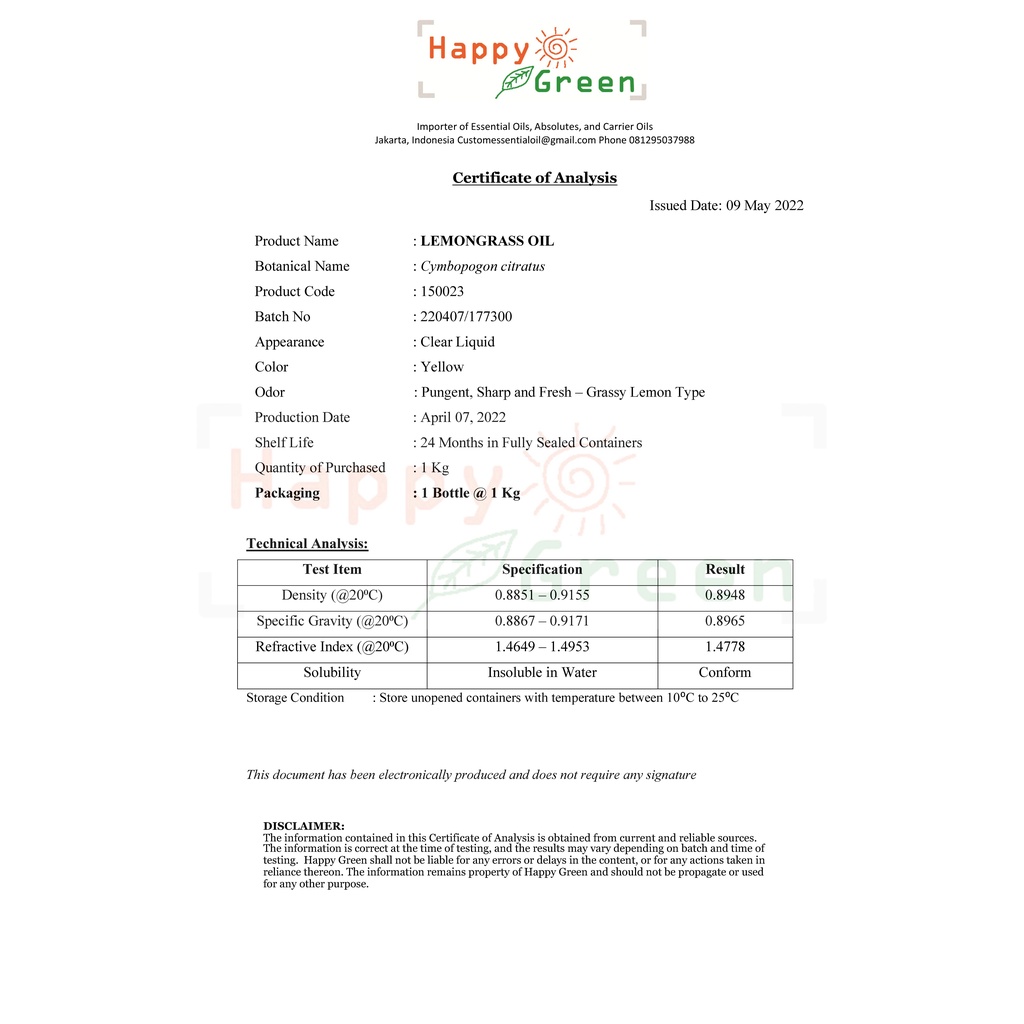 BPOM Happy Green Lemongrass Essential Oil - Minyak Sereh Dapur 100% Pure Murni Garansi Uang Kembali