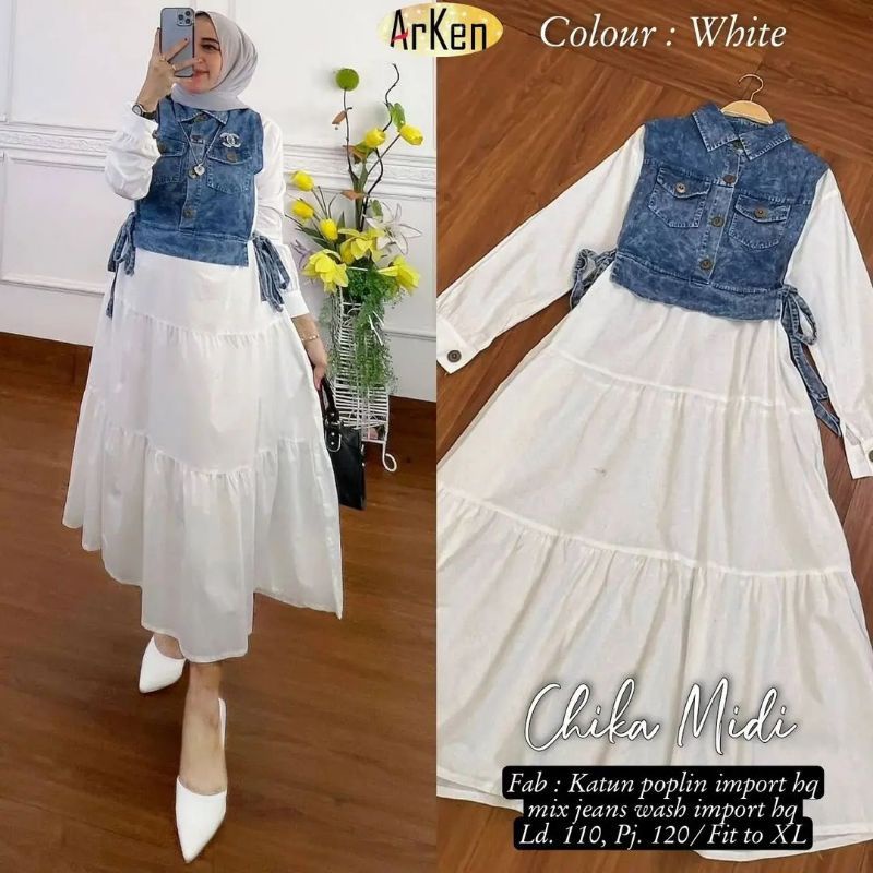 Chika Midi Dress Wanita Katun Twill Mix Rompi Jeans Original Products