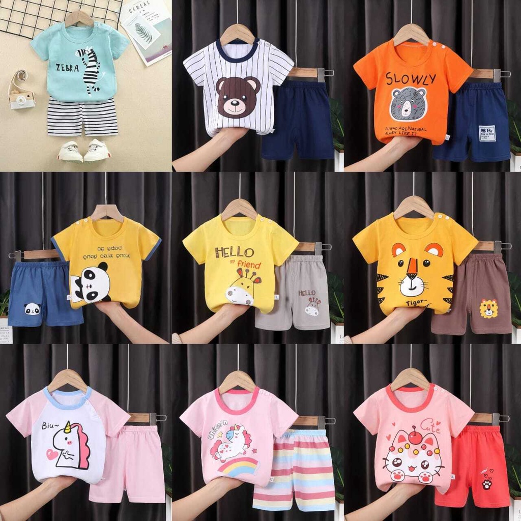 ( zwq ) PDK001-007 Baju Jumper Pendek Kaos + Celana Baju Anak Setelan Lengan Pendek, Setelan Anak 0-6 Tahun