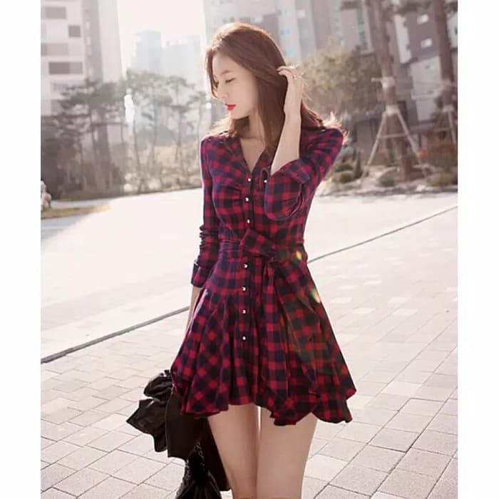 TBI Import Dress Mini Sexy Plaid Fashion Baju Pergi Wanita Motif Kotak