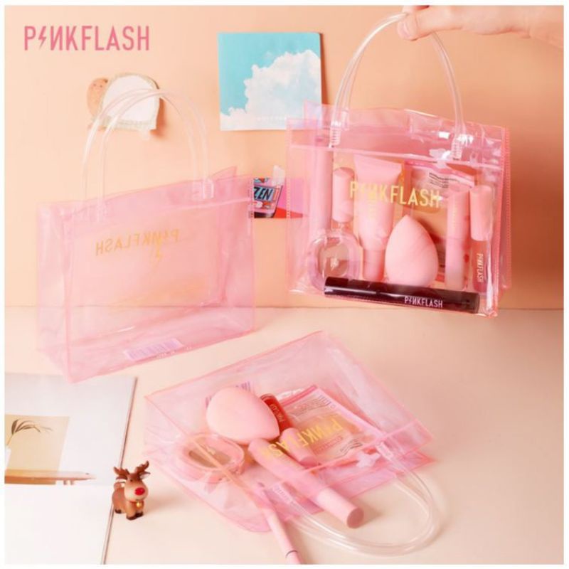 PINKFLASH HANDBAG / TAS KOSMETIK / PVC PINK TRANSPARENT