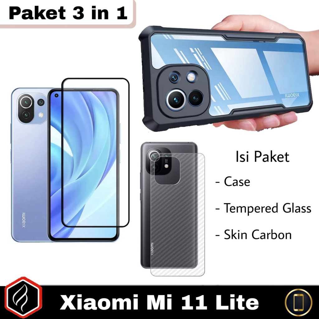 Paket 3 in 1 XIAOMI Mi 11 Lite / Mi 11 Lite 5G Case SHOCKPROOF/XunDD + Anti gores layar Free GARSKIN Carbon