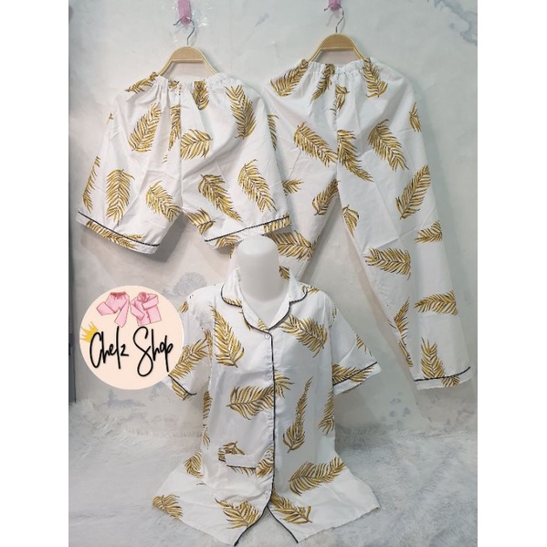 Baju Tidur Wanita/Piyama Wanita Dewasa Katun Motif Daun Part 3-3in1 MOCCA MUSTARD