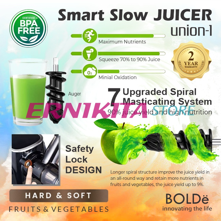 BOLDe SMART SLOW JUICER UNION 1 - Pengekstrak Alami Buah Sayur