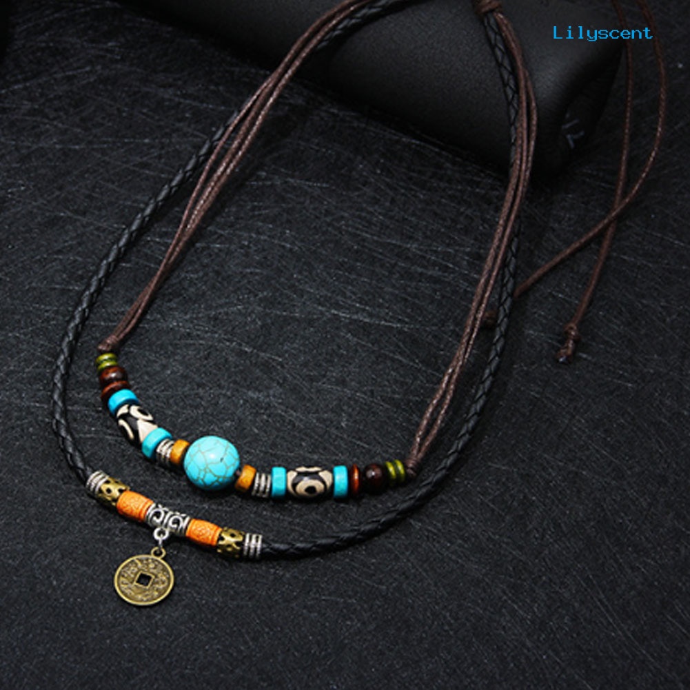 Kalung Choker Multilayer Dengan Liontin Koin Manik-Manik Turquoise Imitasi Untuk Pria