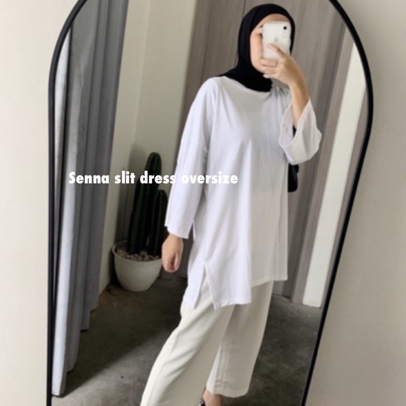 KAOS OVERSIZED SLIT DAILY TOP JUMBO XXL BASIC POLOS  LENGAN 7/8 COTTON COMBED 30S | SENA SLIT DRESS | SYLMI BASIC | KAOS OVERSIZE TOP HIJAB WANITA BASIC OOTD | Basic Oversized Top Kaos Polos Wanita Jumbo Lengan 7/8 / Atasan Casual